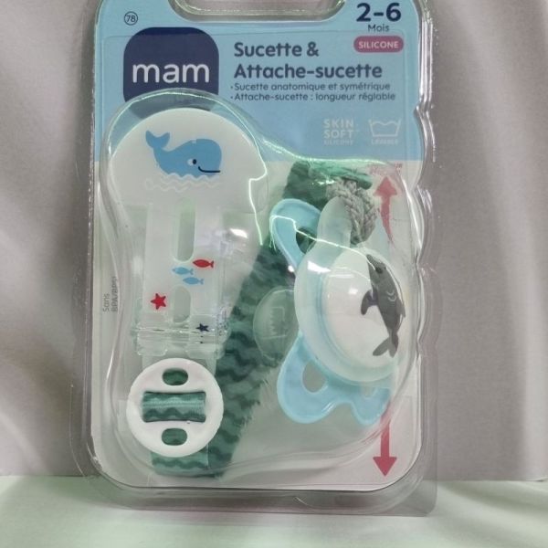 KIT SUCETTE+ATTACHE MAM SILICONE 2-6M
