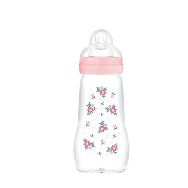Biberon Verre 260ml 0-6 mois Débit 2 Rose - MAM